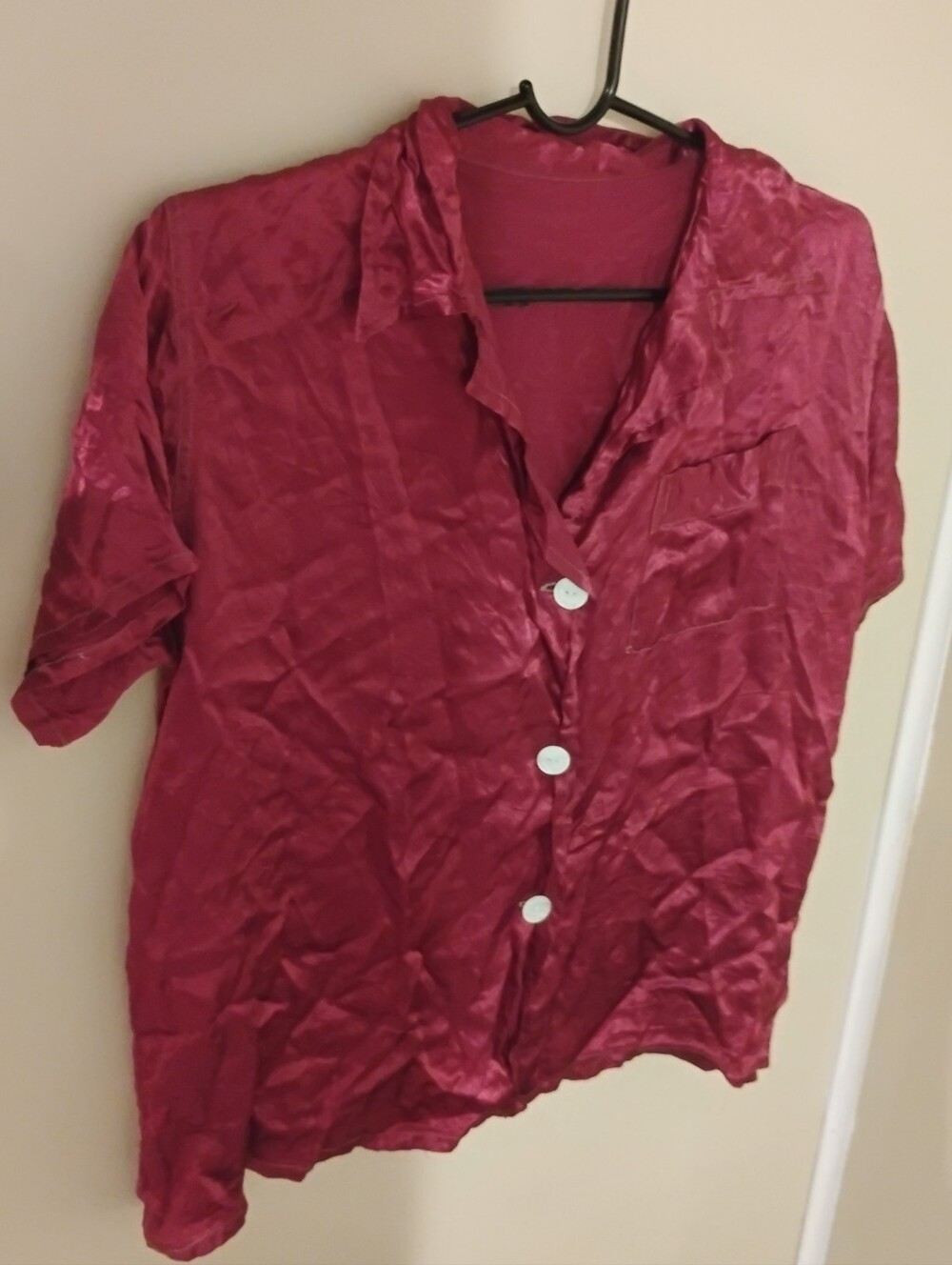 Vintage 1940s 1950s Contrast Seam Button Down Collared Pajama Satin Top